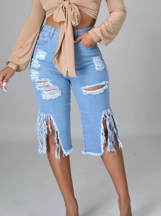 Trendy Distressed Denim Shorts with Fringe Hem for Women